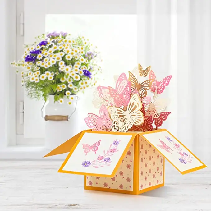 Schmetterlings box Nachrichten karte Benutzer definierte Massen grußkarten für Valentinstag Muttertag Home Decor 3d Pop Up Card