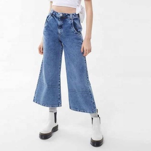 Bleu clair décontracté ample femelle haute qualité large jambe jeans avec poches plaquées - Product Image 1