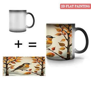 Taza de cerámica negra esmerilada de 11 oz, taza que cambia de color con la temperatura, con diseño artístico de pájaro y árbol - Product Image 4