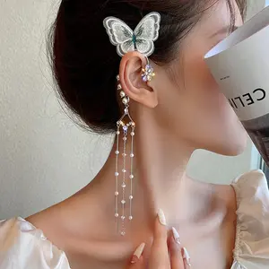 Mode cristal papillon perle perle oreille manchette glands longs charme creux boucles d'oreilles Clip bijoux cadeaux pour femmes