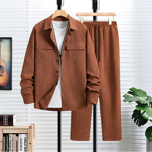 طقم رجالي قطعتين أنيق وعصري للمناسبات الكاجوال: بدلة أنيقة للموظفين بياقة مطوية، قميص بأكمام طويلة، وبنطلون كاجوال للرياضات الخارجية - Product Image 1