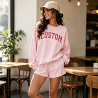 Ensemble de survêtement décontracté rose deux pièces pour femme avec logo personnalisé OEM, sweat-shirt oversize à col rond et short