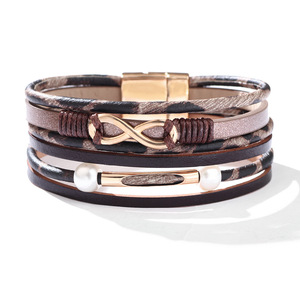 Multi Layered PU Leather <b>Bracelet</b> With Pearl And <b>Infinity</b> Symbol Women's Fashion Bangle Gift Jewelry Black Leopard Print Brown - Product Image 4