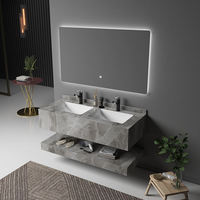 Meuble-lavabo de salle de bain moderne de luxe mural en pierre artificielle avec miroir et lavabo en céramique