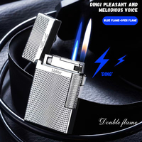 Briquet à cigares premium coupe-vent à double flamme au gaz butane rechargeable avec silex remplaçable et roue d'allumage latérale
