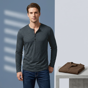 Men's Long Sleeve Henley T-Shirt Knitted Regular Fit Casual Solid Color Button-Up Front Logo Breathable V-Neck 100% Cotton - Product Image 4