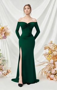 فستان وصيفة العروس للتنحيف على الكتف بأكمام طويلة مع فتحة عالية بلون واحد خصر طبيعي لحفلات الزفاف - Product Image 3