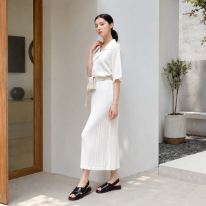 Hot Selling Elegant White Polo Collar Short Sleeve Vertical Rib Knit Midi <b>Dress</b> <b>Loose</b> Waist Tie Elegant Daily Women <b>Dress</b> - Product Image 2
