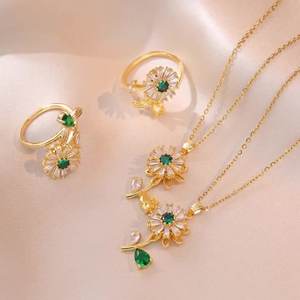 2件套镀金四叶草不锈钢纺向日葵钻石戒指手链项链耳环锆石套装 - Product Image 2