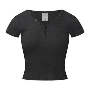 Top de manga corta con cuello en V para chica picante de verano 2025 ajustado con botones y hombros rectos - Product Image 1