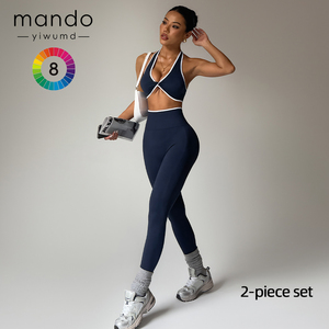 <span class=keywords><strong>Ensemble</strong></span> de soutien-gorge de <span class=keywords><strong>sport</strong></span> et leggings à col en V profond contrasté pas cher <span class=keywords><strong>Ensemble</strong></span> de <span class=keywords><strong>sport</strong></span> sans couture pour femmes <span class=keywords><strong>Ensemble</strong></span> de fitness pour l'entraînement - Product Image 2