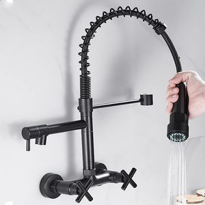Design moderno <span class=keywords><strong>rubinetto</strong></span> da <span class=keywords><strong>cucina</strong></span> con montaggio a parete in ottone nero a doppia croce 360 ° di rotazione doppio foro caldo e freddo primavera <span class=keywords><strong>rubinetto</strong></span> lavello - Product Image 1