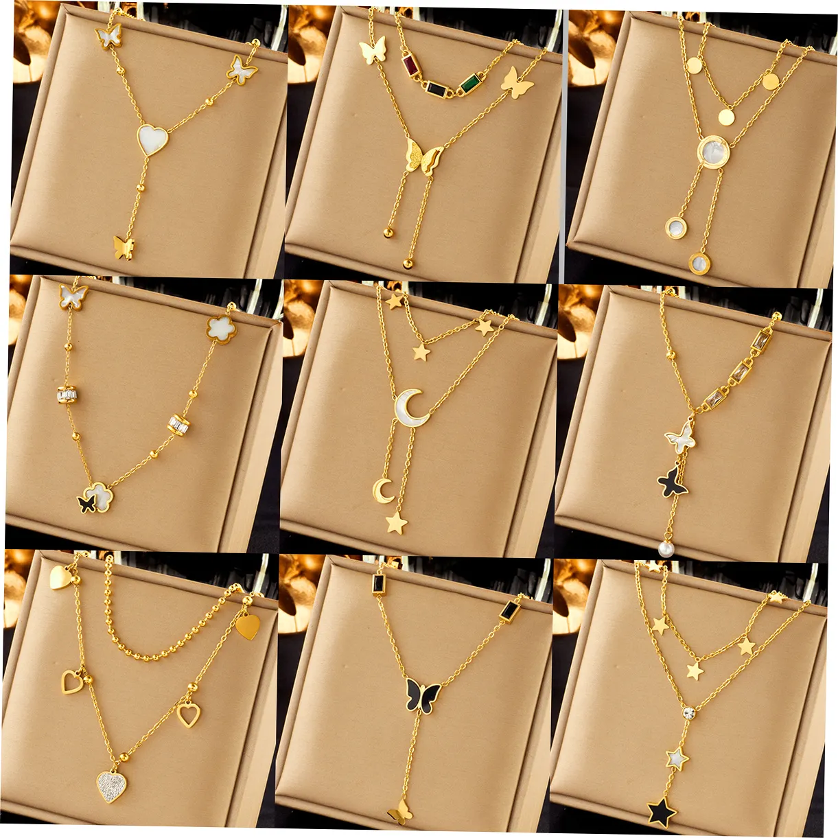 New Trendy Stainless Steel 18k Gold Zircon Shell Heart Butterfly Layered Pendant Necklace Women Cz Moon And Star Necklace Gift