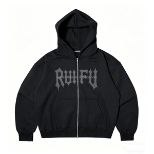 Sweat-shirt à capuche zippé surdimensionné pour homme, en molleton de coton, avec logo personnalisé, patch brodé 3D et impression. - Product Image 1