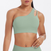 Sujetador deportivo de moda irregular sin aros con una sola tira, de tela suave con patchwork y espalda recortada, para fitness y entrenamiento.
