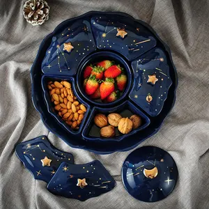 Licht Luxe Creatieve Woonkamer Gedroogd Fruit Snack Tray Plaat Compartiment Met Deksel Roterende Snack Bonbondoos Opslag Huishouden