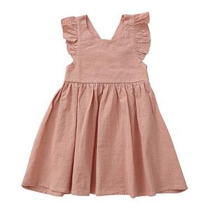 Venta caliente Color sólido Dulce Niñas Vestido Casual Lino Niños Vestido - Product Image 3