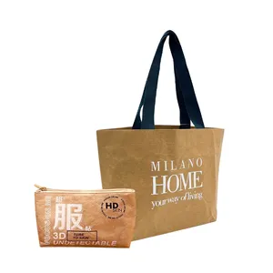 Hot Shopping Beach Recyclable Tote Waterproof Brown Water-Washed Kraft Paper Bag With Black Handle