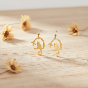 Orecchini pendenti in acciaio inossidabile con design a gattino, placcati in oro, gioielli alla moda per donna - Product Image 3