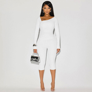 Wanita 2025 musim gugur 2 potong Set Soild lengan panjang atasan Crop celana Capri dua potong Set baju olahraga - Product Image 6