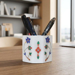 Handcrafted <b>White</b> Marble Inlay <b>Pen</b> Holder Pietra Dura Desk Organizer for Office & Home - Product Image 1