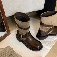 Bottes mi-mollet pour femmes à bride à boucle, design en matériaux mixtes, semelle plate, style mode décontracté, bottes d'équitation, vente en gros