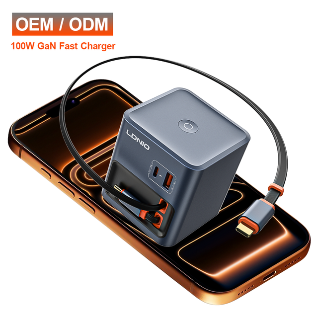 LDNIO Q16 100W GaN Fast Charger with Retractable Cables UFCS PD3.0 QC5.0 All in One Design Portable Phone Charger with USB Cable