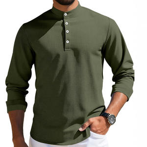 Polo de Hombre con Textura Waffle, Manga Media, Cuello Alto con Botones, Transpirable, Casual, para Negocios, Corte Holgado, 100% Poliéster - Product Image 3
