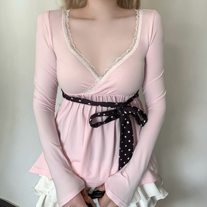 Pure Desire Sweet Polka Dot Top Dentelle Garniture Noeud Papillon Sangle Jeune Élégant A-Line T-shirt À Manches Longues - Product Image 1