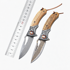 Cuchillo de bolsillo para acampar de acero de Damasco con mango de madera, hoja de punta caída y perilla de pulgar, juego de 2, OEM - Product Image 2