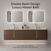 Ensemble de meuble-lavabo flottant en noyer foncé avec finition laiton, plateau en marbre, lavabo sous plan, miroir LED rond Halo et étagères flottantes