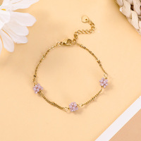 Pulsera de cuentas tejida a mano con flores de colores, bola de cristal de acero inoxidable, brazaletes impermeables, joyería, pulsera para mujer