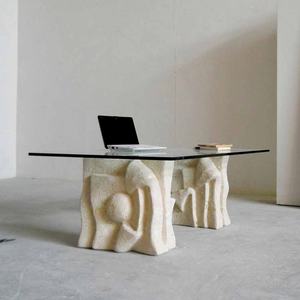Table basse en <span class=keywords><strong>travertin</strong></span> <span class=keywords><strong>beige</strong></span> <span class=keywords><strong>clair</strong></span> de conception spéciale Idao, plateau en verre, table basse en pierre naturelle pour hôtel - Product Image 4