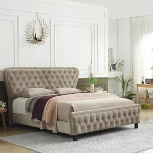 Luxury Bedroom Latest Velvet Upholstered Platform Double Queen King Size Bed