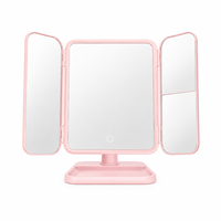 Miroir de maquillage LED pliable à trois volets avec commande tactile, miroir de vanité rose pour table et plateau de rangement