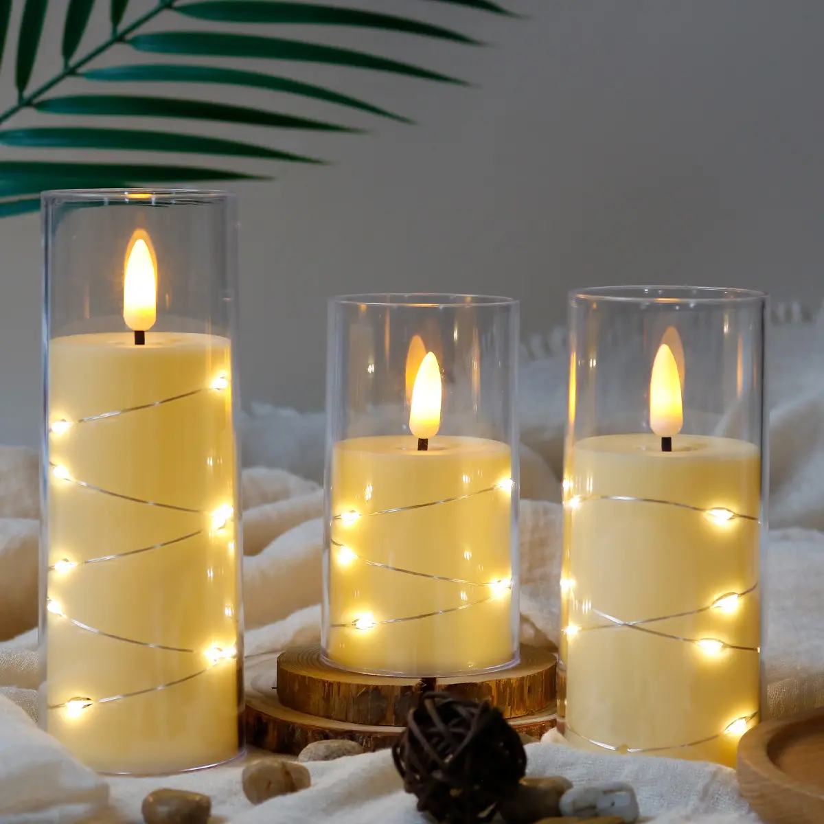 Set 3pcs led candles transparent glass wedding decor candles lights flickering head luxury led candles light with string light