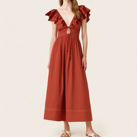 Robe midi décontractée pour femme, orange rouille, col en V, manches à volants, à nouer sur le devant, coupe évasée, style resort, personnalisable, vente en gros
