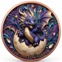 Pièce de monnaie Dragon nouveau-né en cuivre fin 999 de 1 oz, haute relief, effet UV, petite créature mythique, art