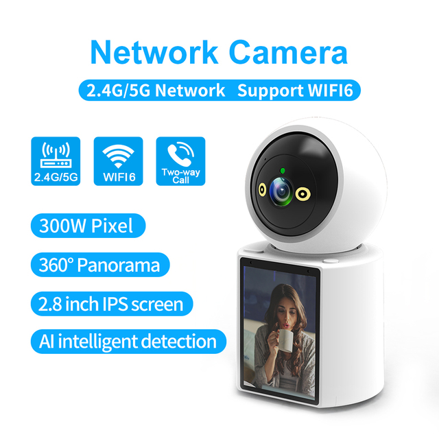 300W HD CMOS Mini PTZ Security Camera-360 Pan Tilt 2.8" Screen 2.4G/5G WiFi H.265 90 Wide Angle Infrared Night Vision Two-Way