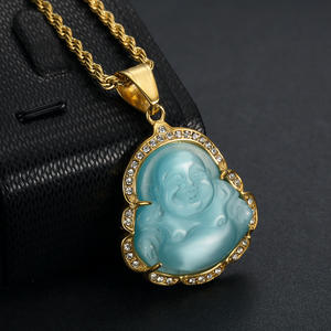 Bijoux Hip Hop Micro Pave cristal opale en acier inoxydable Jade chinois Maitreya bouddha collier pendentif 18k rappeur collier - Product Image 5