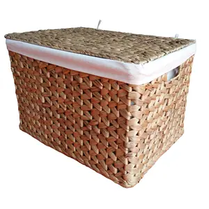 Fast Delivery Water Hyacinth Trunks 100% Handwoven Zigzag Patterns Natural Or Classy Brown Color Cotton Fabric Lining Storage