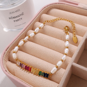 Freshwater Pearl <b>Beaded</b> <b>Bracelet</b> With Colorful Zircon Gems Stainless Steel Party Jewelry Irregular Geometric Design - Product Image 2