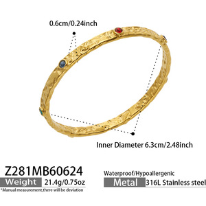 Waterproof Hammer Pattern High Polish Cuff Bangle Colorful Zircon Stainless Steel Gold Plated Female <b>Bracelet</b> - Product Image 5