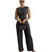 Ensemble deux pièces d'été ample et uni pour femme : haut sans manches respirant et pantalon large