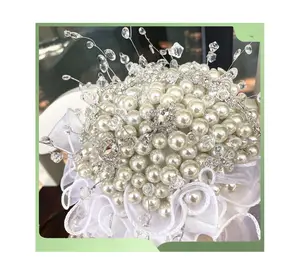 Handmade Artificial Flower Crystal Pearl Bridal Bouquet Pearl Beads Handcrafted Bouquet for Bride Wedding Bouquet