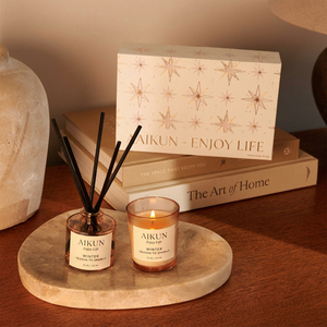 Aikun Small Batch Custom 100ml Sticker Label Logo Printed Paper Box Round Glass <b>Reed</b> <b>Diffuser</b> And 100g Scented Candle Gift Set - Product Image 1