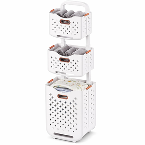 2/3-Tier Collapsible Laundry <b>Basket</b> Breathable Mildew-Proof Laundry <b>Basket</b> Plastic Laundry <b>Basket</b> with Wheels - Product Image 2