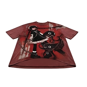 T-shirt rouge surdimensionné pour homme avec imprimé de personnage d'anime, manches courtes, style streetwear, col rond, jersey en coton - Product Image 4