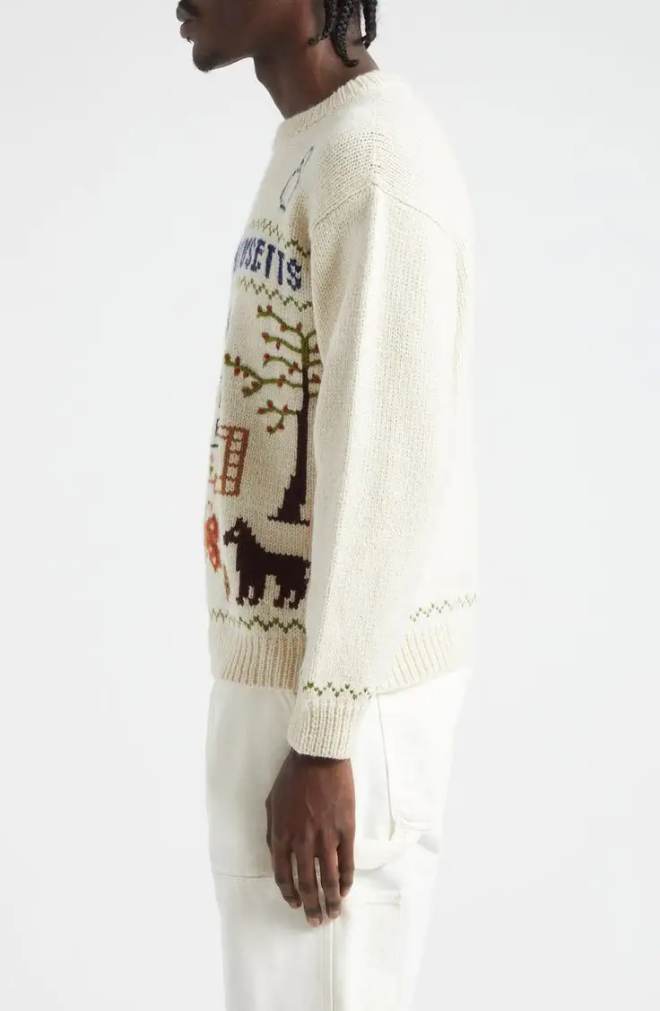 Suéter de punto personalizado para hombre, Jersey de punto jacquard intarsia con cuello redondo, suéter de lana de alta calidad para el calor