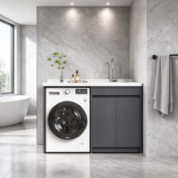 Meuble de buanderie en aluminium gris foncé avec lave-linge intégré, évier et plan de travail à double porte pour balcon et salle de bain